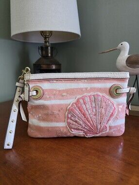 Coach Audrey Pink Sequin Shell Canvas Studded Wristlet Bag